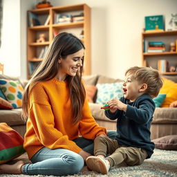 A warm and loving scene of a sister and brother spending time together in a cozy living room