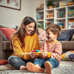 A warm and loving scene of a sister and brother spending time together in a cozy living room