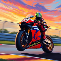 A vibrant and dynamic painting of MotoGP star Marc Márquez in action on his racing motorcycle