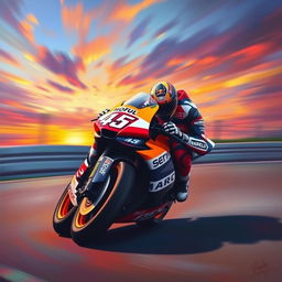 A vibrant and dynamic painting of MotoGP star Marc Márquez in action on his racing motorcycle