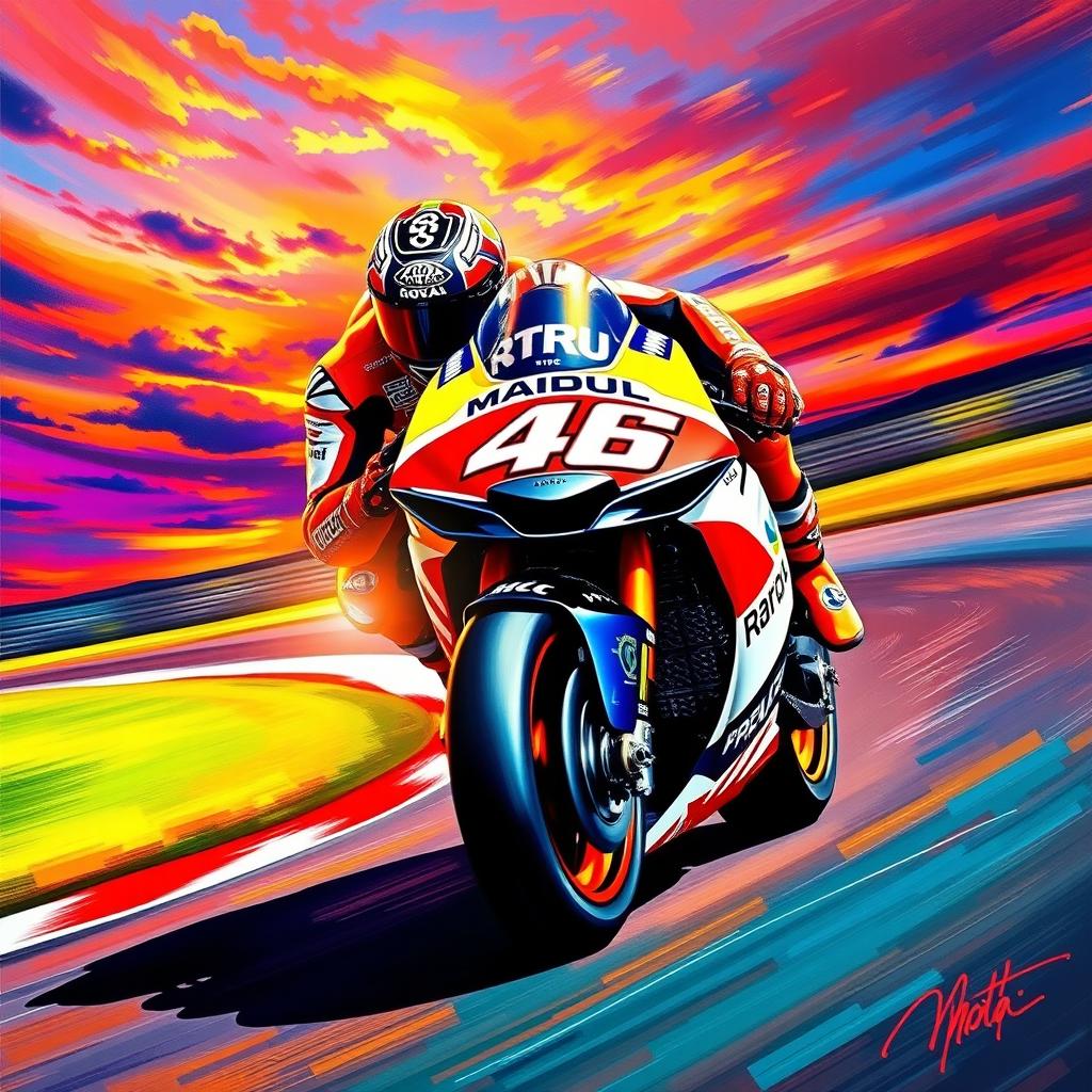 A vibrant and dynamic painting of MotoGP star Marc Márquez in action on his racing motorcycle