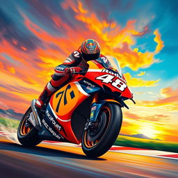 A vibrant and dynamic painting of MotoGP star Marc Márquez in action on his racing motorcycle