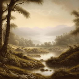 Adjust the tranquil and serene landscape painting to match the distinctive style of John William North, featuring soft, muted tones and intricate detailing of nature.