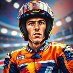 A stunning artistic portrait of Marc Marquez, the famous MotoGP racer, capturing the essence of his dynamic racing style and charisma