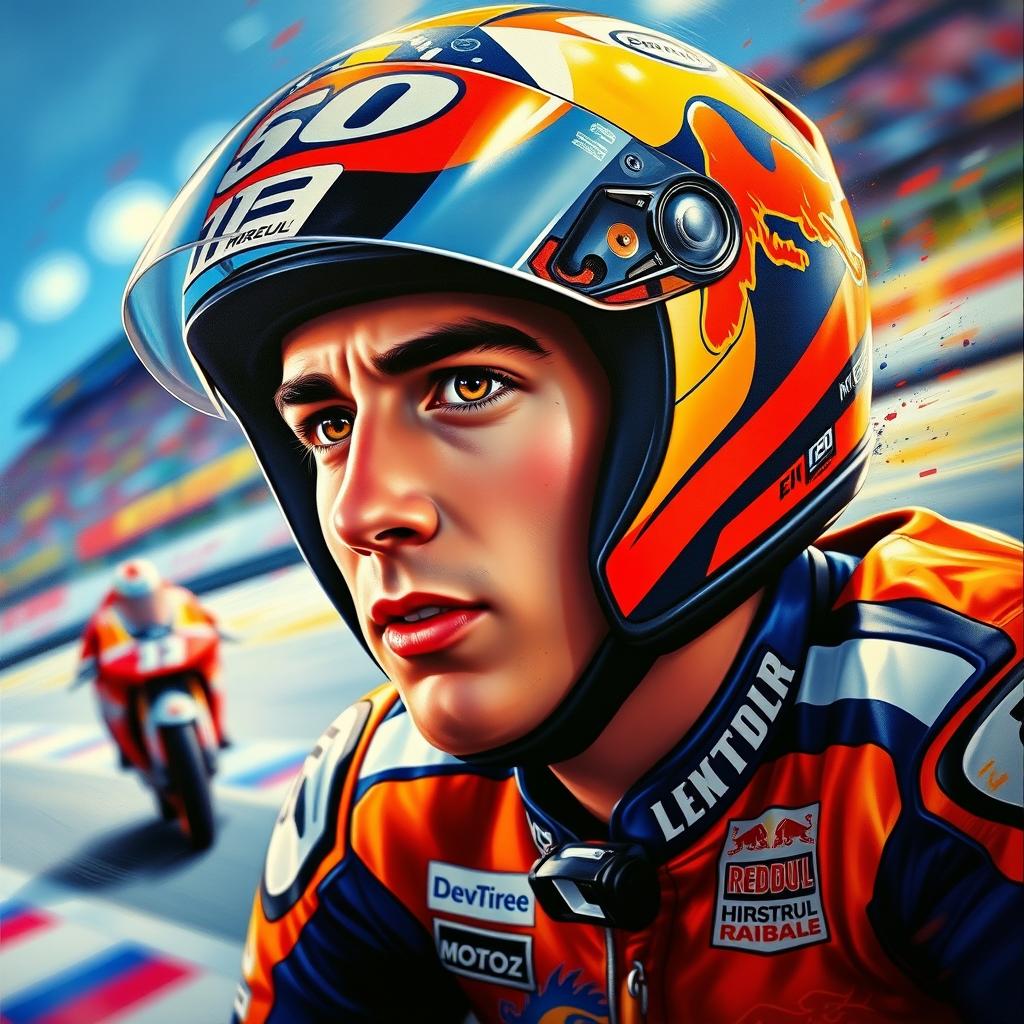 A stunning artistic portrait of Marc Marquez, the famous MotoGP racer, capturing the essence of his dynamic racing style and charisma