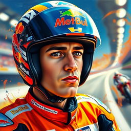 A stunning artistic portrait of Marc Marquez, the famous MotoGP racer, capturing the essence of his dynamic racing style and charisma