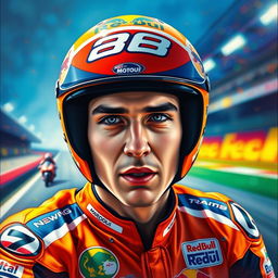 A stunning artistic portrait of Marc Marquez, the famous MotoGP racer, capturing the essence of his dynamic racing style and charisma