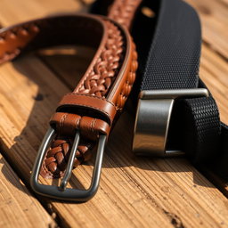 A close-up shot of two belts laid out on a rustic wooden surface