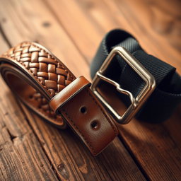 A close-up shot of two belts laid out on a rustic wooden surface