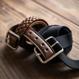 A close-up shot of two belts laid out on a rustic wooden surface