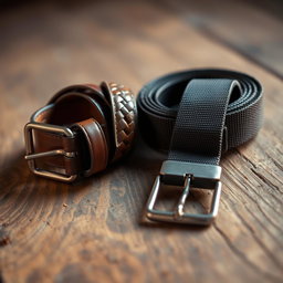 A close-up shot of two belts laid out on a rustic wooden surface