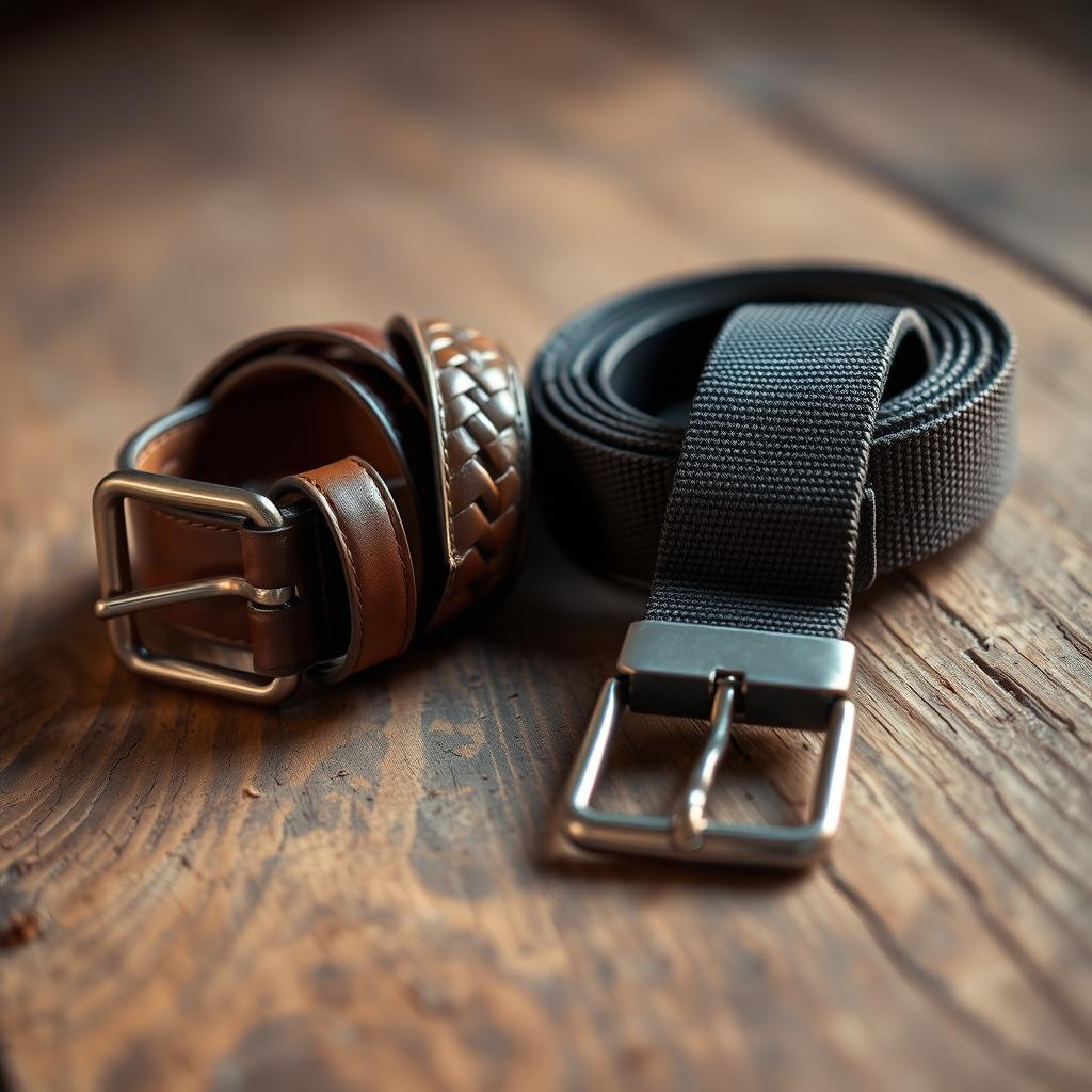 A close-up shot of two belts laid out on a rustic wooden surface