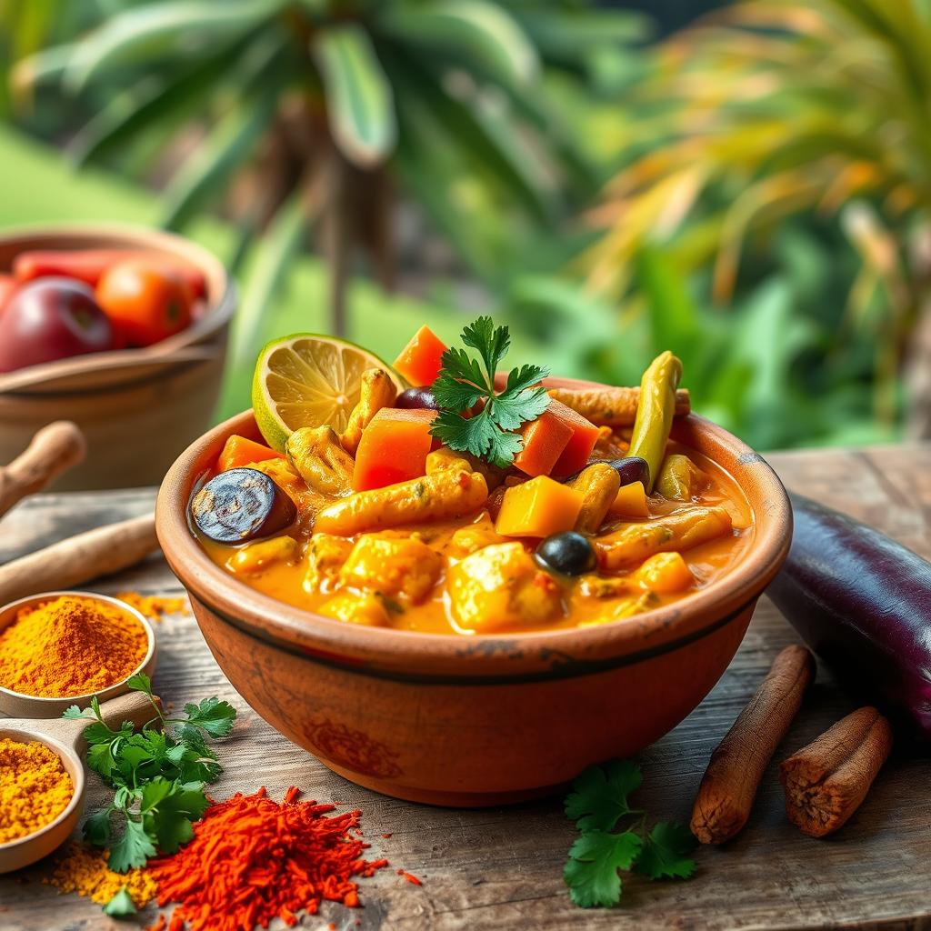 A vibrant and colorful Madagascar vegetable curry featuring a variety of fresh vegetables such as carrots, bell peppers, eggplant, and green beans, neatly arranged in a rustic earthen bowl