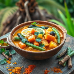 A vibrant and colorful Madagascar vegetable curry featuring a variety of fresh vegetables such as carrots, bell peppers, eggplant, and green beans, neatly arranged in a rustic earthen bowl