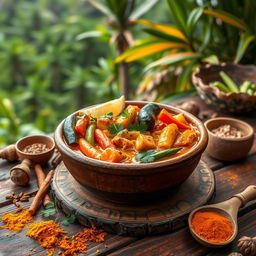 A vibrant and colorful Madagascar vegetable curry featuring a variety of fresh vegetables such as carrots, bell peppers, eggplant, and green beans, neatly arranged in a rustic earthen bowl