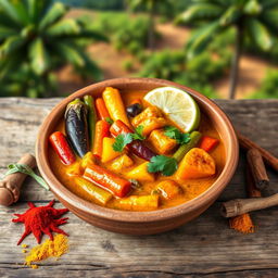 A vibrant and colorful Madagascar vegetable curry featuring a variety of fresh vegetables such as carrots, bell peppers, eggplant, and green beans, neatly arranged in a rustic earthen bowl