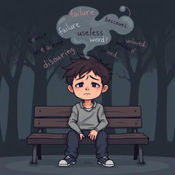 A cartoon illustration depicting a young boy sitting on a park bench, with a troubled expression on his face