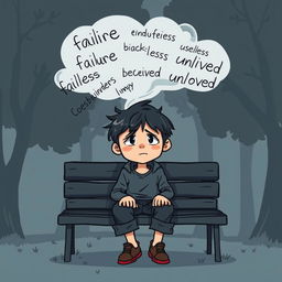A cartoon illustration depicting a young boy sitting on a park bench, with a troubled expression on his face