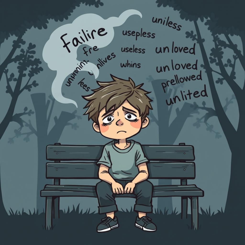 A cartoon illustration depicting a young boy sitting on a park bench, with a troubled expression on his face