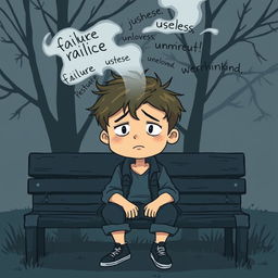 A cartoon illustration depicting a young boy sitting on a park bench, with a troubled expression on his face
