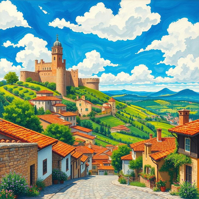 A vibrant landscape painting of Alcañiz, Spain, capturing the stunning architecture of the historic castle and the scenic hills surrounding the town