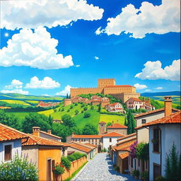 A vibrant landscape painting of Alcañiz, Spain, capturing the stunning architecture of the historic castle and the scenic hills surrounding the town