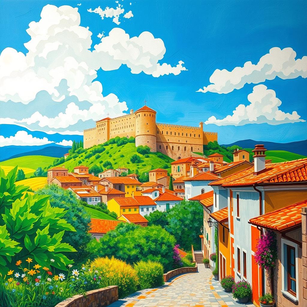 A vibrant landscape painting of Alcañiz, Spain, capturing the stunning architecture of the historic castle and the scenic hills surrounding the town