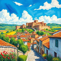 A vibrant landscape painting of Alcañiz, Spain, capturing the stunning architecture of the historic castle and the scenic hills surrounding the town
