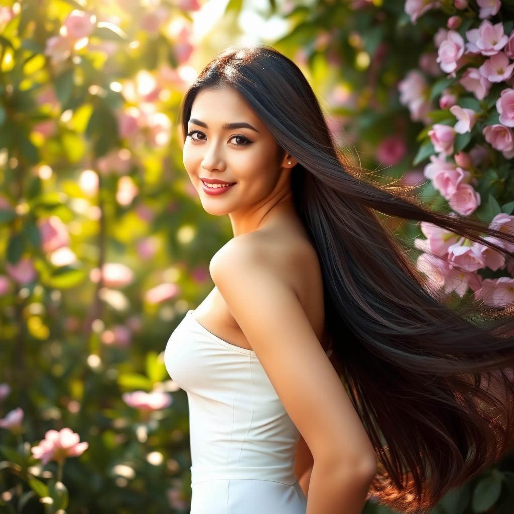 A beautiful woman with long flowing hair, gracefully posed in a lush garden setting surrounded by blooming flowers