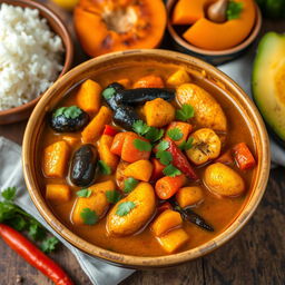 A vibrant and colorful Malagasy vegetable curry, featuring an array of fresh vegetables such as bell peppers, carrots, and eggplants, all simmering in a rich, aromatic coconut milk sauce infused with spices like turmeric and coriander