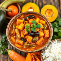 A vibrant and colorful Malagasy vegetable curry, featuring an array of fresh vegetables such as bell peppers, carrots, and eggplants, all simmering in a rich, aromatic coconut milk sauce infused with spices like turmeric and coriander