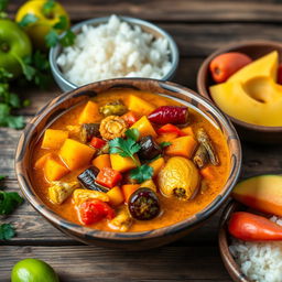 A vibrant and colorful Malagasy vegetable curry, featuring an array of fresh vegetables such as bell peppers, carrots, and eggplants, all simmering in a rich, aromatic coconut milk sauce infused with spices like turmeric and coriander
