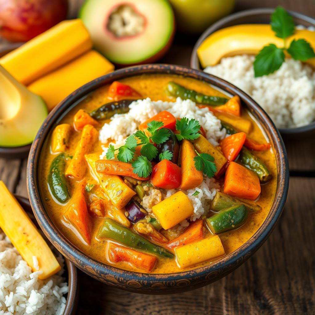 A vibrant and colorful Malagasy vegetable curry, featuring an array of fresh vegetables such as bell peppers, carrots, and eggplants, all simmering in a rich, aromatic coconut milk sauce infused with spices like turmeric and coriander
