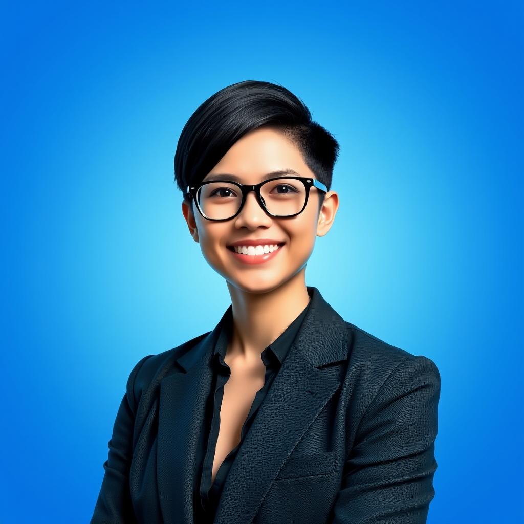 A digital profile image featuring a stylish and confident person with short black hair, wearing trendy glasses and a fashionable blazer