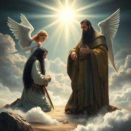 Laertes, a Danish knight with long black hair, kneeling reverently before Jesus Christ