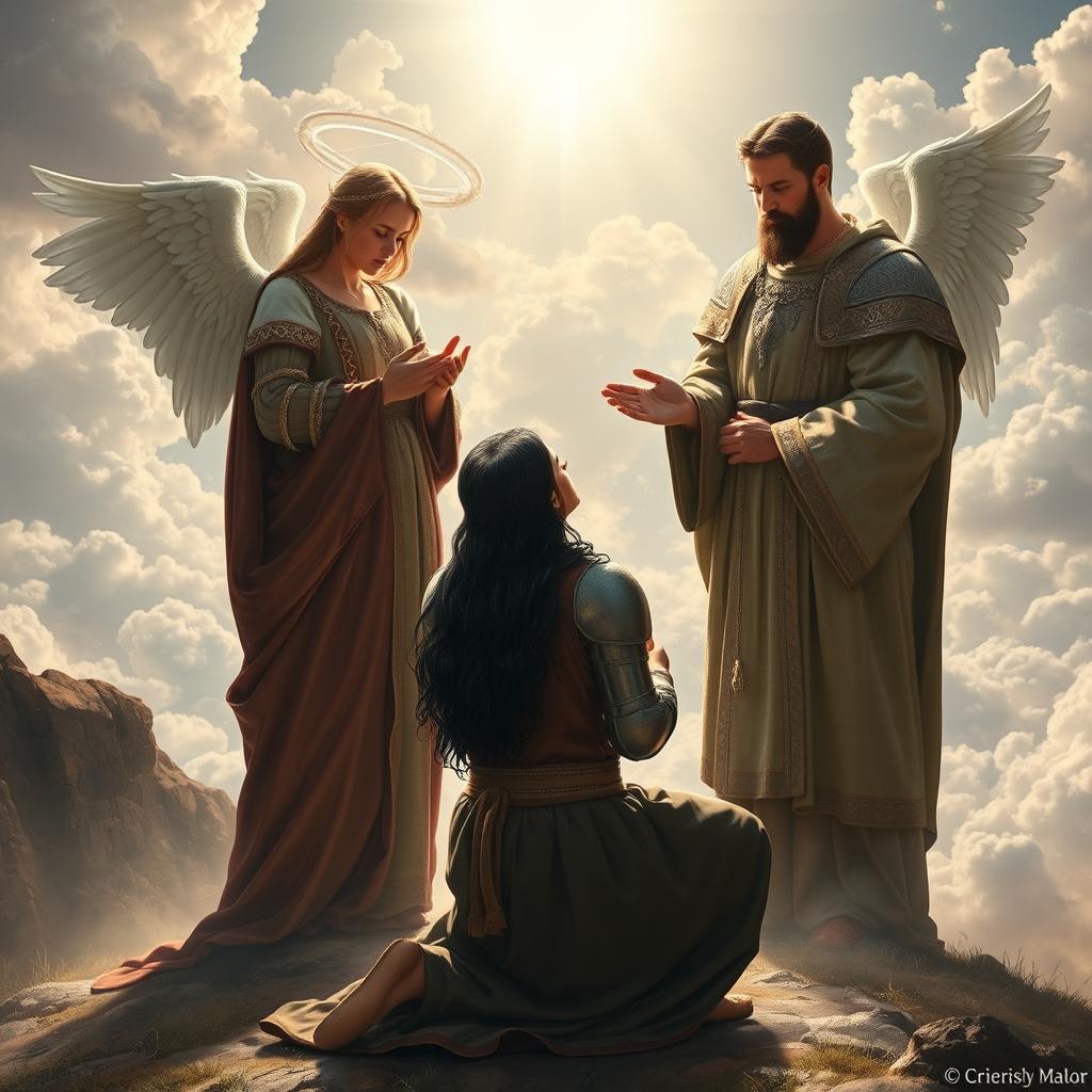 Laertes, a Danish knight with long black hair, kneeling reverently before Jesus Christ