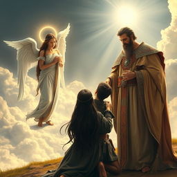 Laertes, a Danish knight with long black hair, kneeling reverently before Jesus Christ