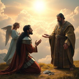 Laertes, a Danish knight with long black hair, kneeling reverently before Jesus Christ