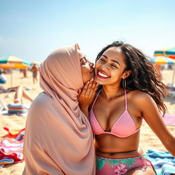 A fully covered hijabi woman gently kissing a woman in a bikini on the cheek, showcasing a beautiful moment of friendship
