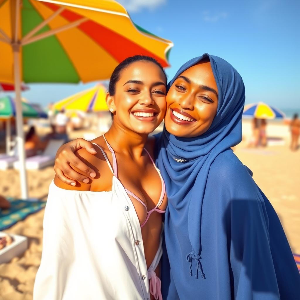 A fully covered hijabi woman gently kissing a woman in a bikini on the cheek, showcasing a beautiful moment of friendship