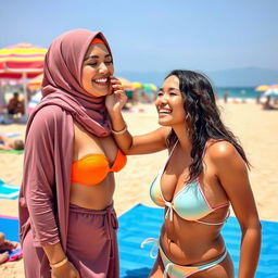 A fully covered hijabi woman gently kissing a woman in a bikini on the cheek, showcasing a beautiful moment of friendship