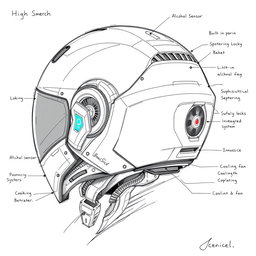 A detailed technical sketch of a high-tech smart helmet