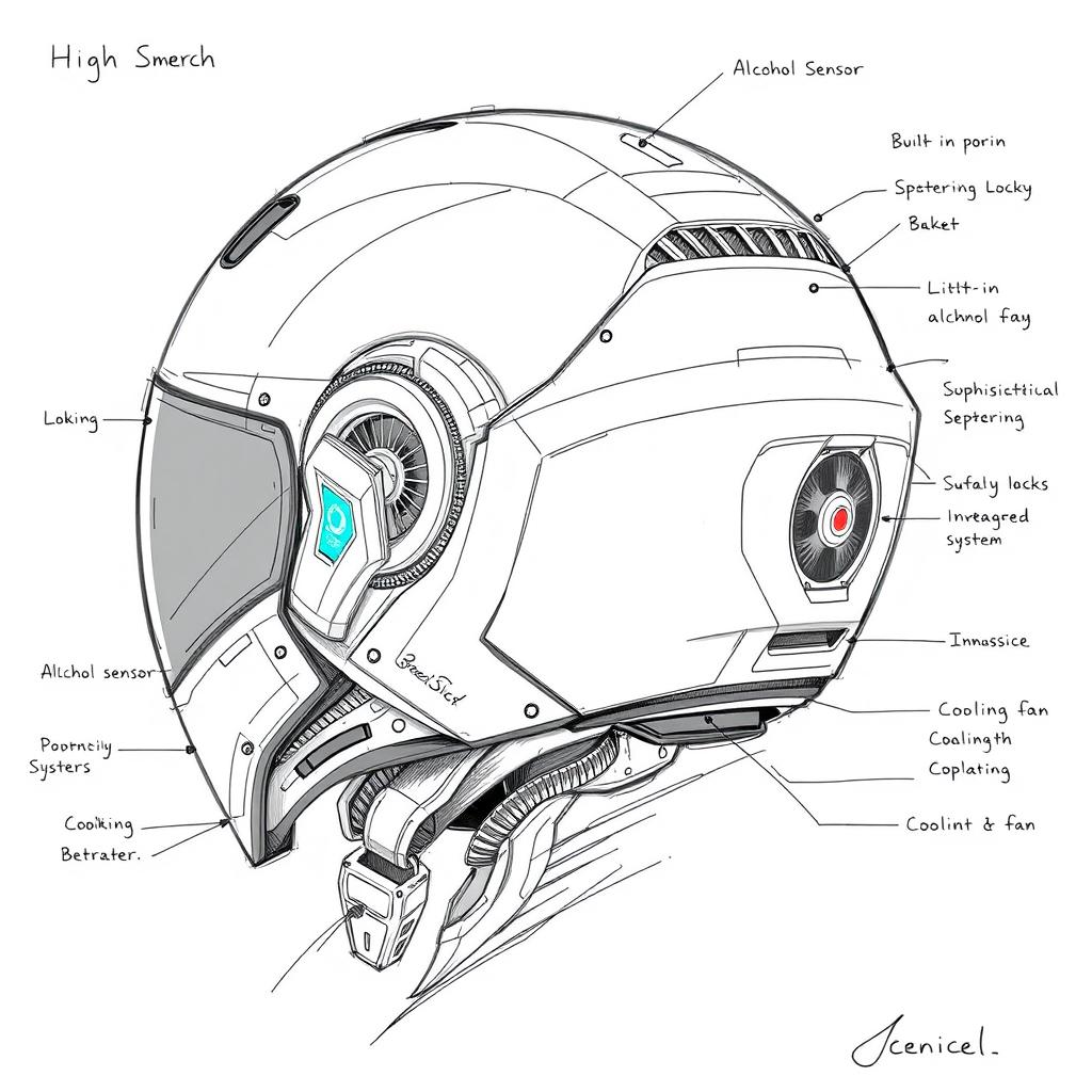 A detailed technical sketch of a high-tech smart helmet