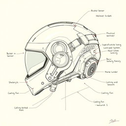 A detailed technical sketch of a high-tech smart helmet