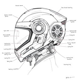 A detailed technical sketch of a high-tech smart helmet
