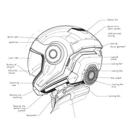 A detailed technical sketch of a high-tech smart helmet