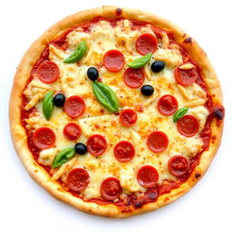 A delicious pizza with an assortment of toppings, including pepperoni, bell peppers, and olives, presented on a white background