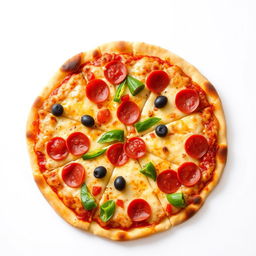 A delicious pizza with an assortment of toppings, including pepperoni, bell peppers, and olives, presented on a white background