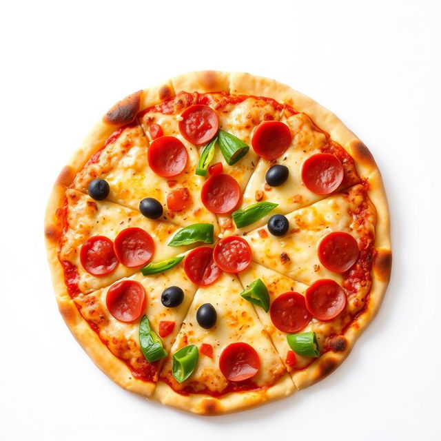 A delicious pizza with an assortment of toppings, including pepperoni, bell peppers, and olives, presented on a white background