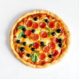 A delicious pizza with an assortment of toppings, including pepperoni, bell peppers, and olives, presented on a white background